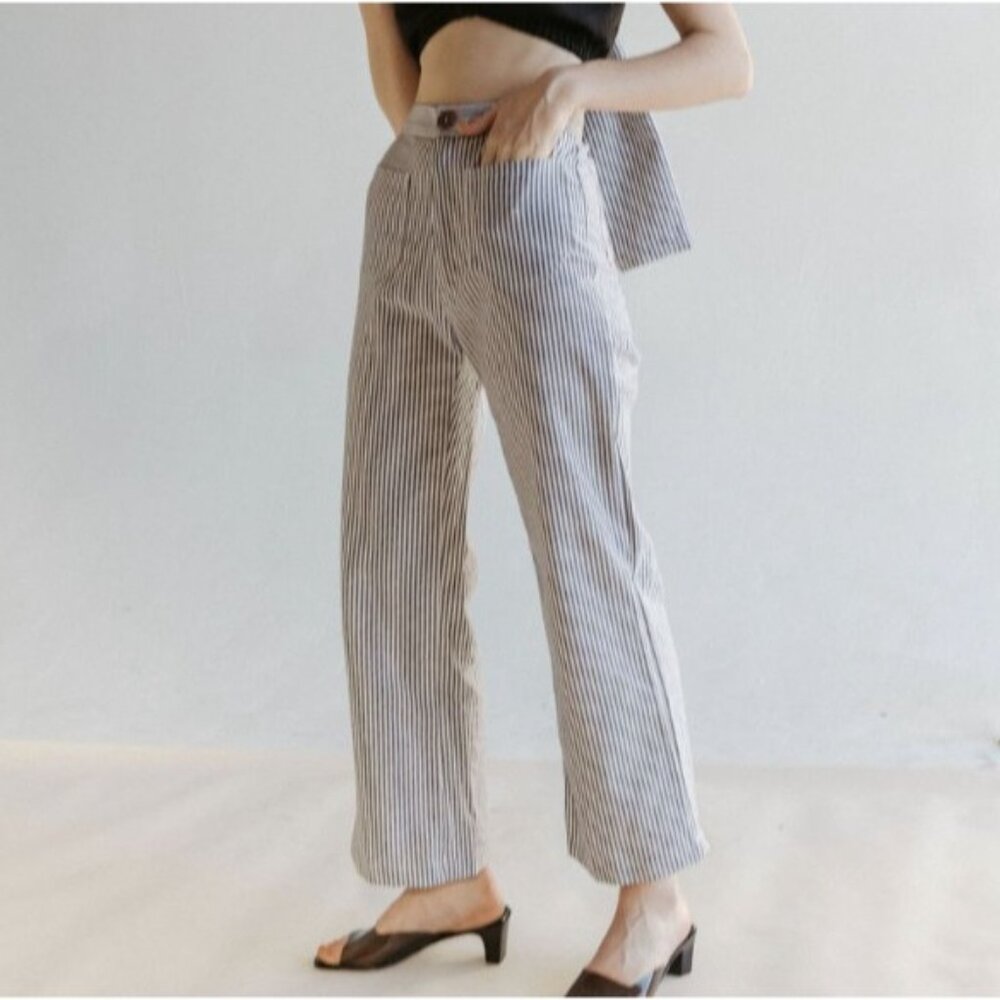 Lykke Wullf Basil Striped Linen Pants Size XS Cropped Wide Leg